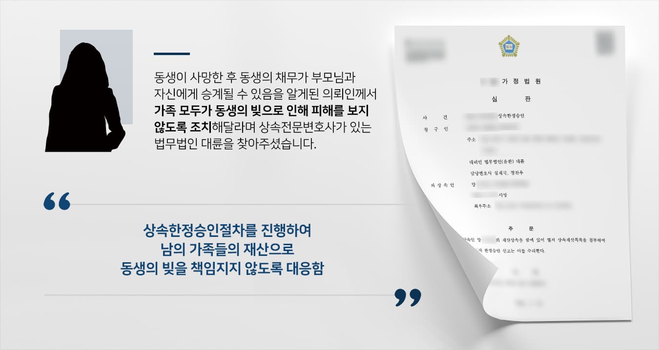본 사건의 의뢰인은 얼마 전 사망한 동생의 재산을 정리하는 과정에서 적극재산을 웃도는 채무가 있음을 알게 되었습니다.찝찝한 마음이 들어 상속 절차에 대해 알아본 의뢰인은 선순위 상속인의 부재에 따라 직계존속 및 형제자매에게도 채무가 승계될 수 있음을 인지하여 저희를 찾아주셨다고 합니다.(*의뢰인의 동생분은 배우자와 자녀가 없었기에 2순위 상속인인 직계존속(부모님)이 선순위 상속인이 되는데, 부모님이 상속포기를 하게 되면 형제자매인 의뢰인이 상속인이 됩니다.)의뢰인께서는 가족 모두가 채무 상속을 원치 않으니 누구도 상속을 받지 않기를 바란다며 상속전문변호사에게 사건을 위임해 주셨습니다.